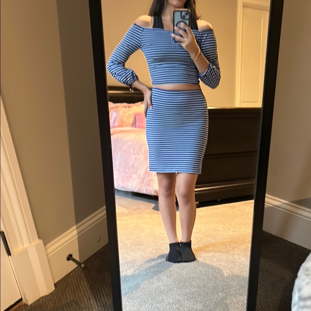 Striped Blue Off-Shoulder Skirt Set